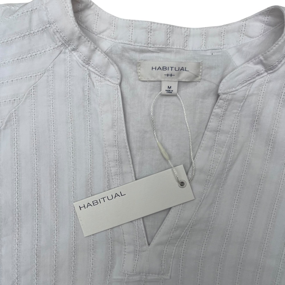 Habitual Womens Bright White Dobby Stripe Puff Sleeve Mini Dress Size M NEW - Picture 2 of 3